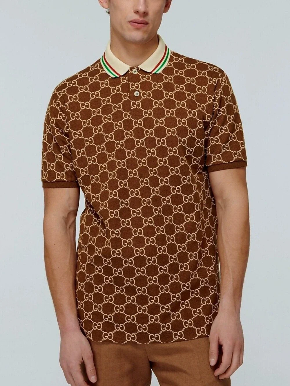 🇮🇹 Gucci Embroidered 👕Brown and Cream GG🇮🇹 Monogram Polo✨️